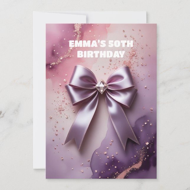 Rose gold glitter diamond bow birthday  invitation (Front)