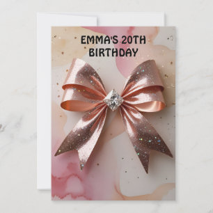 Rose gold glitter diamond bow birthday invitation