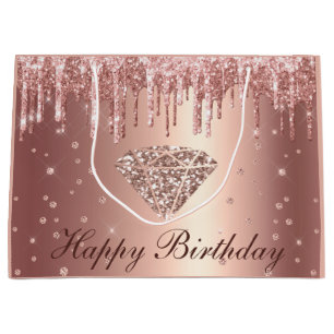 Rose Gold Glitter Diamond Happy Birthday Large Gift Bag
