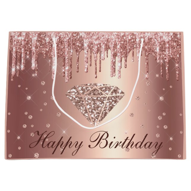 Rose Gold Glitter Diamond Happy Birthday Large Gift Bag (Front)
