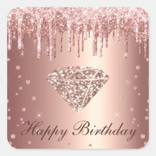 Rose Gold Glitter Diamond Happy Birthday Square Sticker
