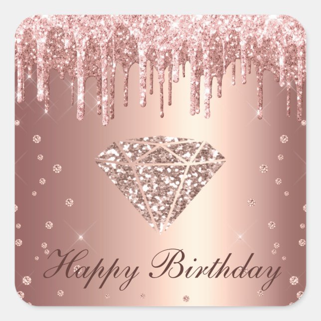 Rose Gold Glitter Diamond Happy Birthday Square Sticker (Front)