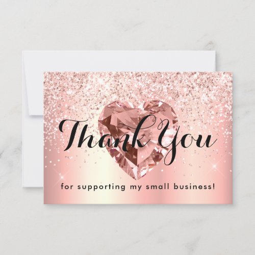 Rose Gold Glitter Diamond Heart Business Custom Thank You Card