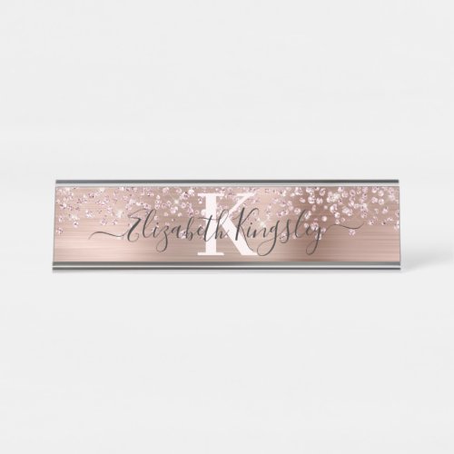 Rose Gold Glitter Diamond Monogram Desk Name Plate