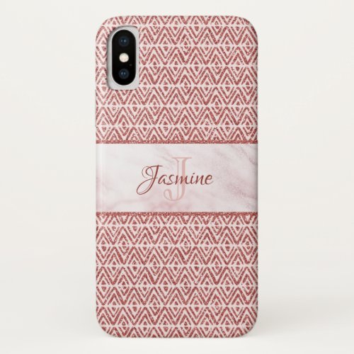 Rose Gold Glitter Diamond Pattern Monogram iPhone X Case