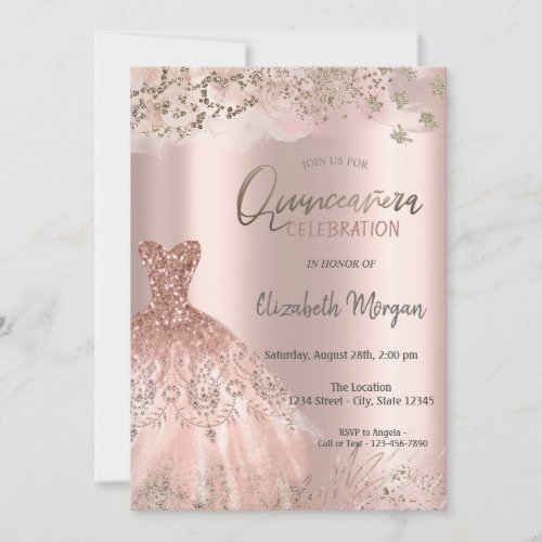 Rose Gold Glitter Diamonds Chic Dress Quinceaera Invitation