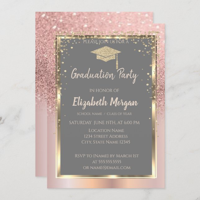 Rose Gold Glitter  Diamonds Graduation Invitation (Front/Back)