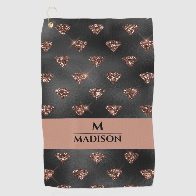 Rose Gold Glitter Diamonds on Black Monogram Golf Towel (Front)