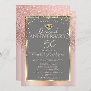 Rose Gold Glitter Diamonds Wedding Anniversary Invitation