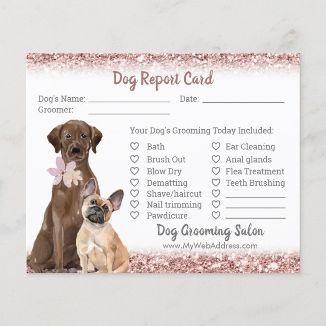 Rose Gold Glitter Dog Grooming Report Card Flyer (Front)