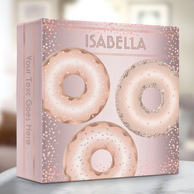 Rose gold glitter doughnuts chic modern glam name 3 ring binder (Creator Uploaded)