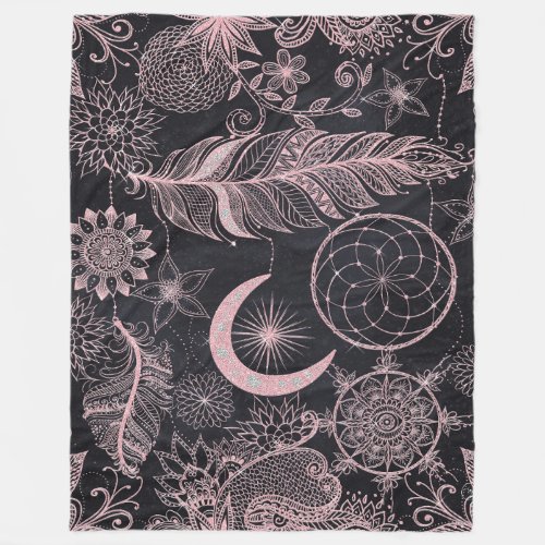 Rose Gold Glitter Dreamcatcher Feathers Mandala Fleece Blanket