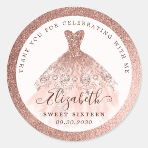 Rose Gold Glitter Dress 16th Birthday Thank You Classic Round Sticker