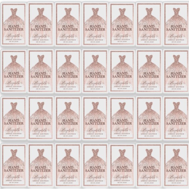 Rose Gold Glitter Dress Birthday Hand Sanitizer Sticker (Front)