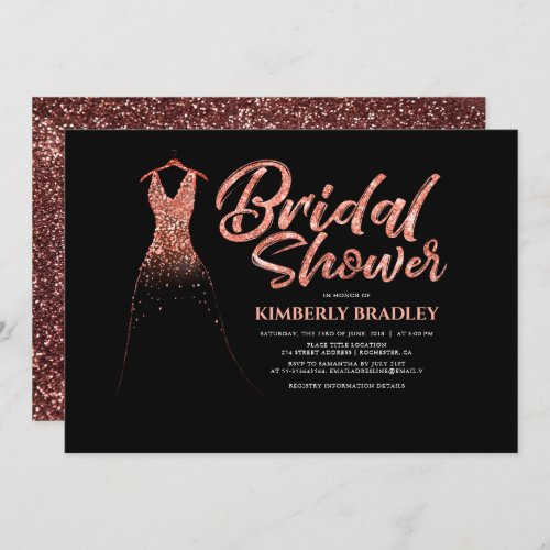 Rose Gold Glitter Dress Black Bridal Shower Invitation