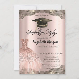 Rose Gold Glitter Dress Black Grad Cap Graduation Invitation