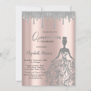 Rose Gold,Glitter Dress Drips Silver Quinceanera Invitation