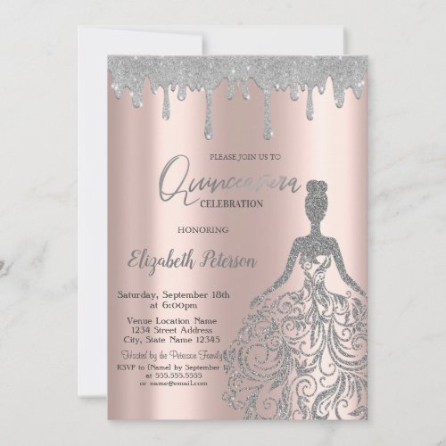 Rose Gold,Glitter Dress Drips Silver Quinceanera