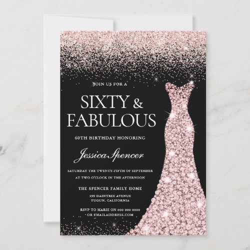 Rose Gold Glitter Dress Fabulous 60th Birthday Invitation