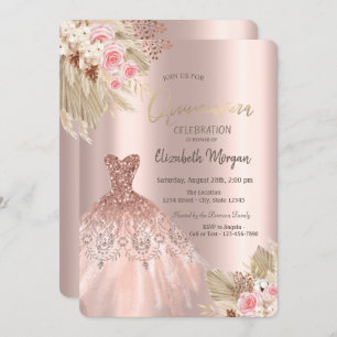Rose Gold Glitter Dress Flowers Quinceañera Invitation
