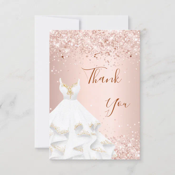 Rose gold glitter dress glamorous thank you card | Zazzle