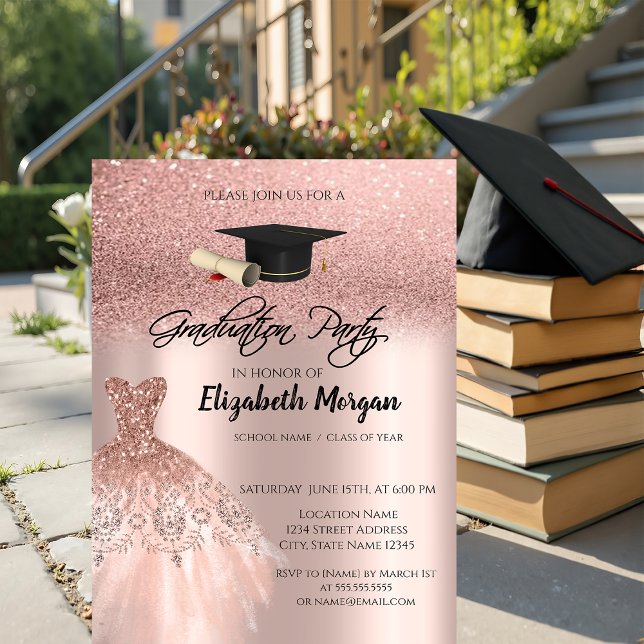 Rose Gold Glitter Dress Graduation Cap Graduation Invitation (Creator Uploaded)