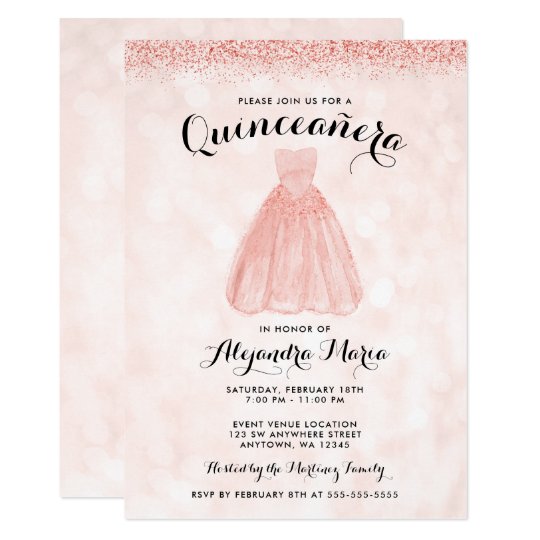 Rose Gold Glitter Dress Quinceanera Invitations 