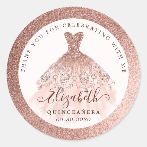 Rose Gold Glitter Dress QUINCEAERA Thank You Classic Round Sticker