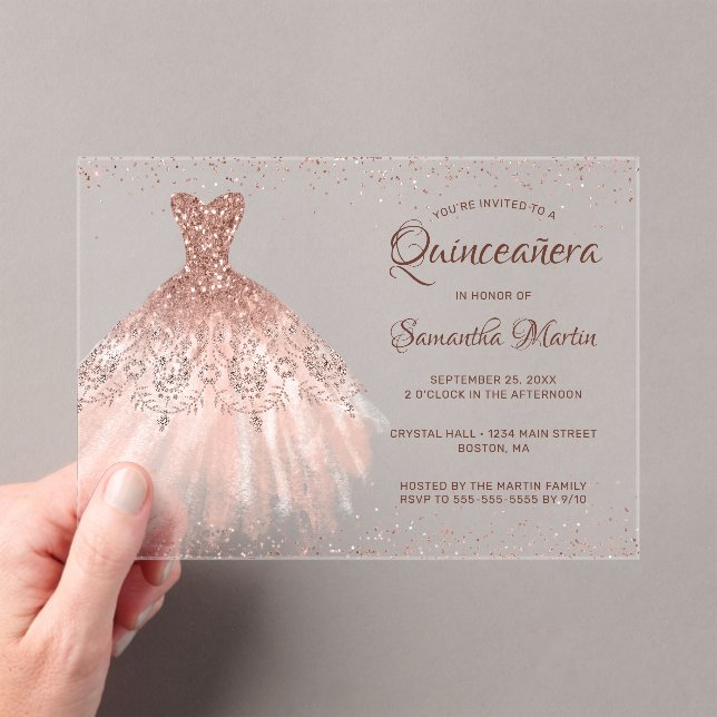 Rose Gold Glitter Dress Script Quinceañera Party Acrylic Invitations (Insitu (Handheld))