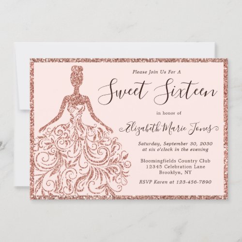 Rose Gold Glitter Dress Sweet Sixteen 16 Birthday Invitation