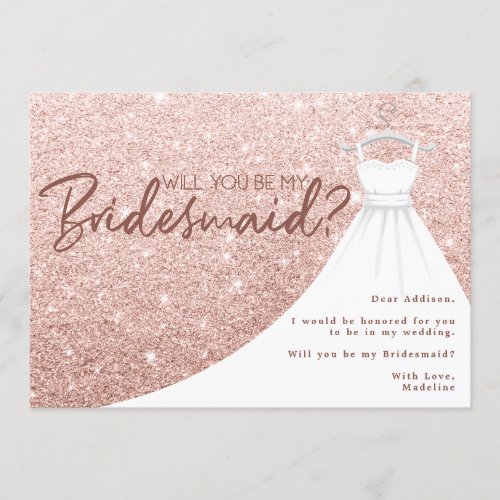 Rose Gold Glitter Dress Will You Be My Bridesmaid Invitation