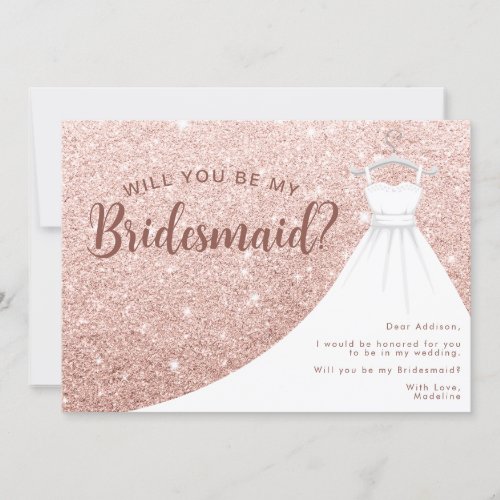 Rose Gold Glitter Dress Will You Be My Bridesmaid Invitation