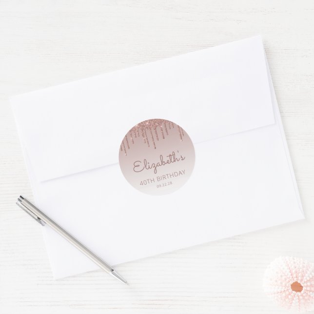 Rose Gold Glitter Drip 40th Birthday Classic Round Sticker (Envelope)