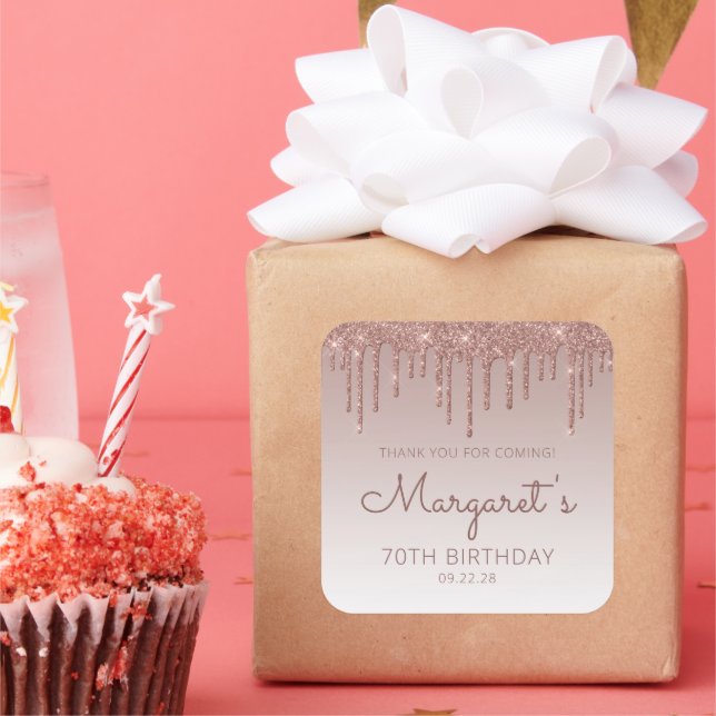 Rose Gold Glitter Drip 70th Birthday Thank You Square Sticker (Party)