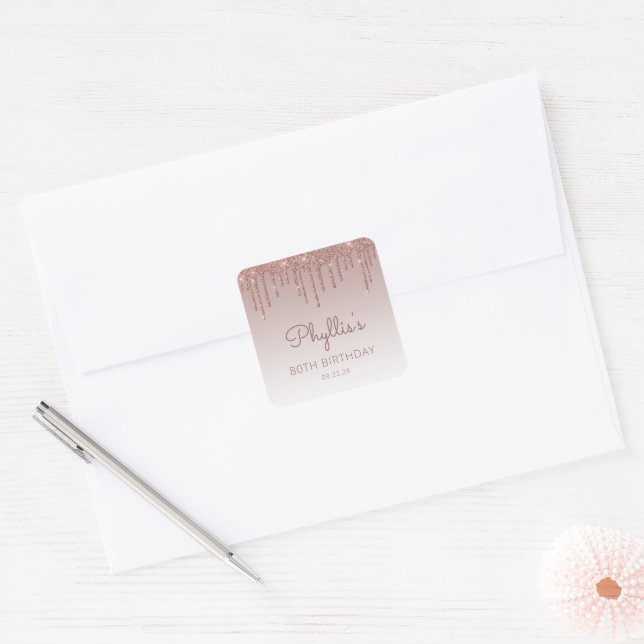 Rose Gold Glitter Drip 80th Birthday Square Sticker (Envelope)
