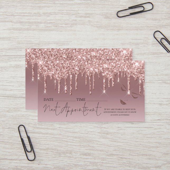 Rose gold Glitter Drip Appointment Hair Makeup Business Card (Front/Back In Situ)