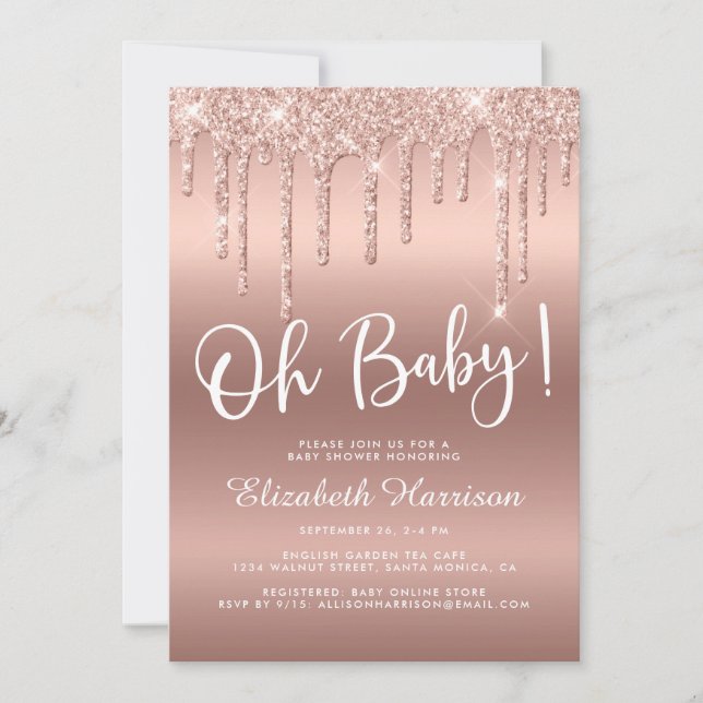 Rose Gold Glitter Drip Baby Shower Invitation (Front)