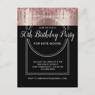 Rose Gold Glitter Drip Black 50th Birthday Invitation Postcard
