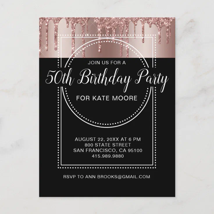 Rose Gold Glitter Drip Black 50th Birthday Invitation Postcard Zazzle 2893