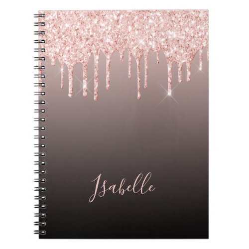 Rose gold glitter drip black copper ombre name notebook