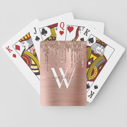 Rose Gold Glitter Drip Brushed Metal Monogram Name Poker Cards
