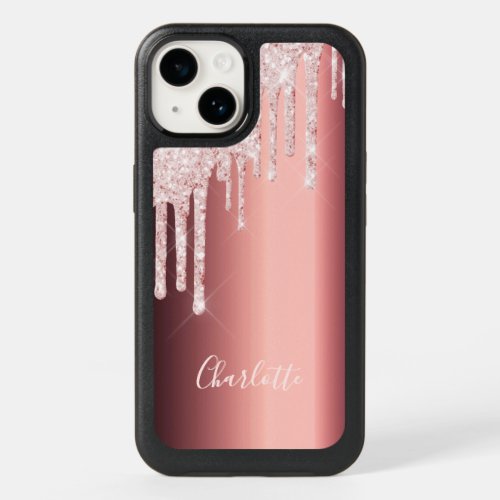Rose gold glitter drip burgundy name OtterBox iPhone 14 case