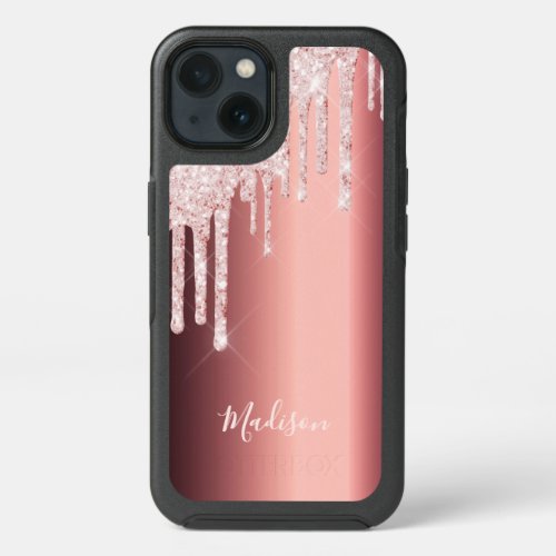 Rose gold glitter drip burgundy name iPhone 13 case