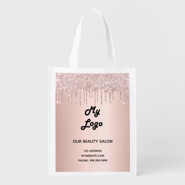 Rose gold glitter drip business logo grocery bag (Front)