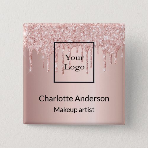 Rose gold glitter drip business salon name tag button