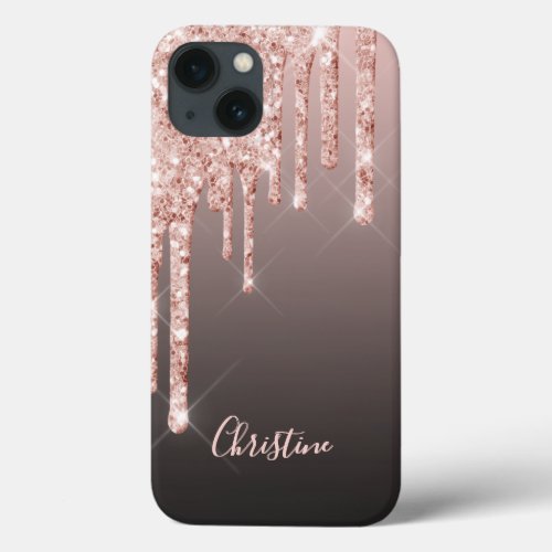 Rose gold glitter drip copper ombre name girly iPhone 13 case