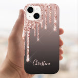 Rose gold glitter drip copper ombre name girly Case-Mate iPhone 14 case<br><div class="desc">An elegant,  girly and glam phone case. Faux rose gold,  copper glitter drip,  paint drip.  Black,  brown ombre background. Insert your name,  written with a modern hand lettered style script. Rose gold colored letters.</div>