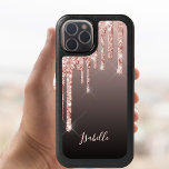 Rose gold glitter drip copper ombre name girly OtterBox iPhone 14 case<br><div class="desc">An elegant,  girly and glam phone case. Faux rose gold,  copper glitter drip,  paint drip look.  Black,  Brown,  coffee latte colored ombre background. Insert your name,  written with a modern hand lettered style script. Rose gold colored letters.</div>