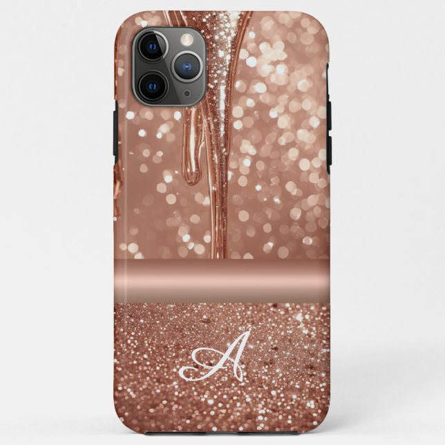 Rose Gold Glitter Drip Custom Name Monogram Case-Mate iPhone Case (Back)
