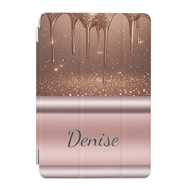 Rose Gold Glitter Drip Custom Name Monogram iPad Mini Cover (Front)